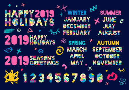 Happy New Year 2019, Merry Christmas months, banners, numbers, seasons, typography, font, text winter. Colorful hand drawn vector illustrationのイラスト素材