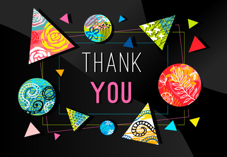 Thank you banner. Trendy flat geometric print, colorful card decoration style. Brightly typography phrase. Creative decoration. Hand Drawn vector illustration.のイラスト素材