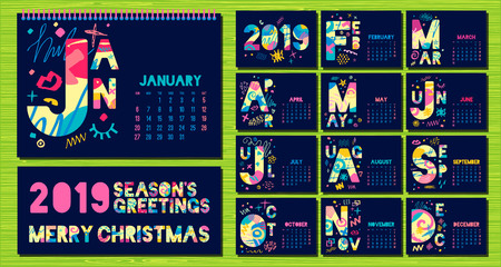 Wall Monthly Calendar template 2019. Horizontal monthly calendar template, lettering typography.のイラスト素材