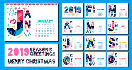Wall Monthly Calendar template 2019.のイラスト素材