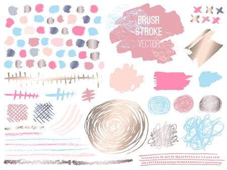 Set stroke spot golden pink blog. Brush, pen, marker, chalk, brush stroke, lines, points, gold. Vector distressed grunge modern textured brush stroke. Dry brush. Beauty identity elegant style.のイラスト素材