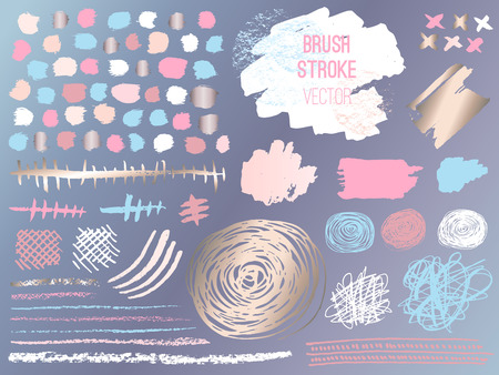 Set stroke spot golden pink blog. Brush, pen, marker, chalk, brush stroke, lines, points, gold. Vector distressed grunge modern textured brush stroke. Dry brush. Beauty identity elegant style.のイラスト素材