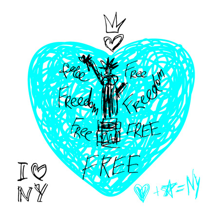 New York, t shirt design, poster, print, statue of liberty lettering, map, tee shirt graphics, trendy, dry brush stroke, marker, color pen, ink, watercolor. Hand drawn vector illustration.のイラスト素材