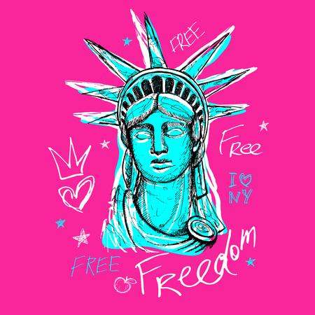 New York, t shirt design, poster, print, statue of liberty lettering, map, tee shirt graphics, trendy, dry brush stroke, marker, color pen, ink, watercolor. Hand drawn vector illustration.のイラスト素材