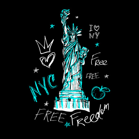 New York, t shirt design, poster, print, statue of liberty lettering, map, tee shirt graphics, trendy, dry brush stroke, marker, color pen, ink, watercolor. Hand drawn vector illustration.のイラスト素材
