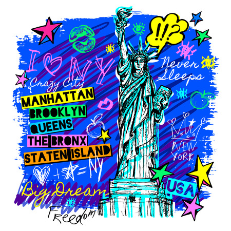 New York, t shirt design, poster, print, statue of liberty lettering, map, tee shirt graphics, trendy, dry brush stroke, marker, color pen, ink, watercolor. Hand drawn vector illustration.のイラスト素材
