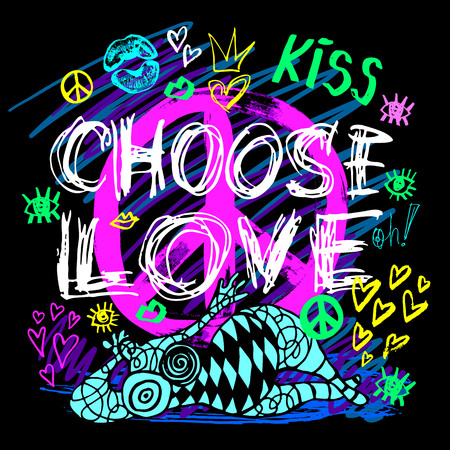 Choose love love peace sign girls trendy neon colors, kiss, hearts, lips, slogan lettering. Color pencil, marker, ink, pen doodles sketch style. Hand drawn illustration vector.のイラスト素材