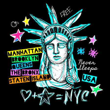 New York, t shirt design, poster, print, statue of liberty lettering, map, tee shirt graphics, trendy, dry brush stroke, marker, color pen, ink, watercolor. Hand drawn vector illustration.のイラスト素材