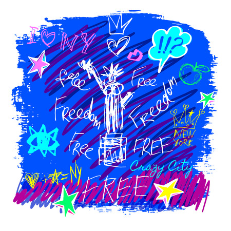 New York, t shirt design, poster, print, statue of liberty lettering, map, tee shirt graphics, trendy, dry brush stroke, marker, color pen, ink, watercolor. Hand drawn vector illustration.のイラスト素材