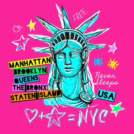 New York, t shirt design, poster, print, statue of liberty lettering, map, tee shirt graphics, trendy, dry brush stroke, marker, color pen, ink, watercolor. Hand drawn vector illustration.のイラスト素材