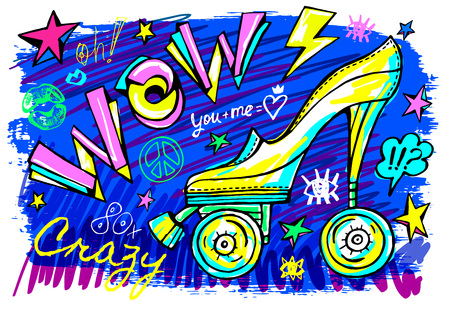 Wow rollers skates girls trendy shoes, high heel, sport slogan lettering. Color pencil, marker, ink, pen doodles sketch style. Hand drawn illustration vector.のイラスト素材