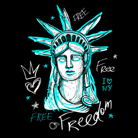 New York, t shirt design, poster, print, statue of liberty lettering, map, tee shirt graphics, trendy, dry brush stroke, marker, color pen, ink, watercolor. Hand drawn vector illustration.のイラスト素材