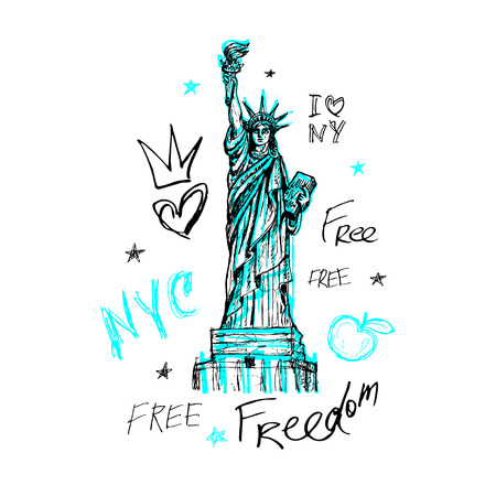 New York, t shirt design, poster, print, statue of liberty lettering, map, tee shirt graphics, trendy, dry brush stroke, marker, color pen, ink, watercolor. Hand drawn vector illustration.のイラスト素材
