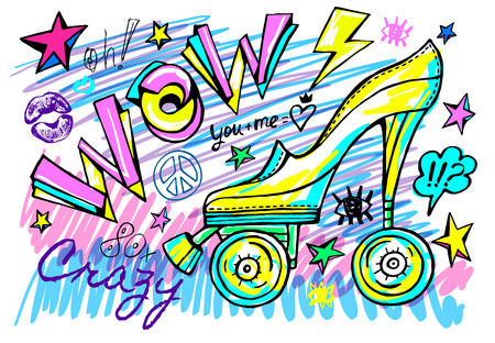 Wow rollers skates girls trendy shoes, high heel, sport slogan lettering. Color pencil, marker, ink, pen doodles sketch style. Hand drawn illustration vector.のイラスト素材
