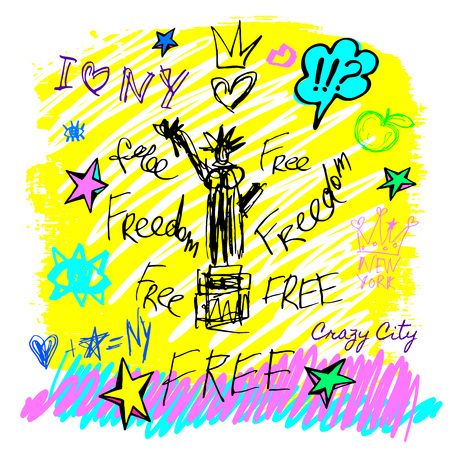 New York, t shirt design, poster, print, statue of liberty lettering, map, tee shirt graphics, trendy, dry brush stroke, marker, color pen, ink, watercolor. Hand drawn vector illustration.のイラスト素材