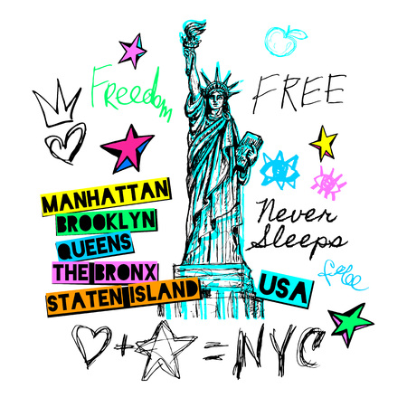 New York, t shirt design, poster, print, statue of liberty lettering, map, tee shirt graphics, trendy, dry brush stroke, marker, color pen, ink, watercolor. Hand drawn vector illustration.のイラスト素材