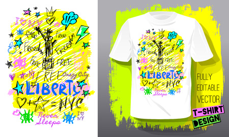 New York, city, american liberty, freedom, monument. Trendy t-shirt template, fashion t shirt design, bright, summer, cool slogan lettering. Color pencil, marker, ink, pen doodles sketch style. Hand drawn illustration vector.のイラスト素材