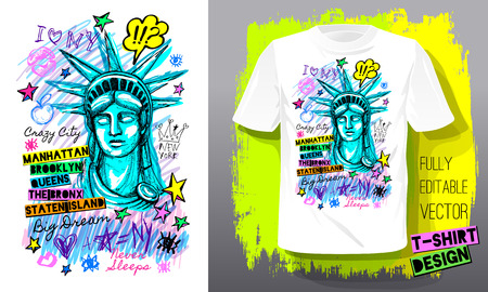 New York, city, american liberty, freedom, monument. Trendy t-shirt template, fashion t shirt design, bright, summer, cool slogan lettering. Color pencil, marker, ink, pen doodles sketch style. Hand drawn illustration vector.のイラスト素材