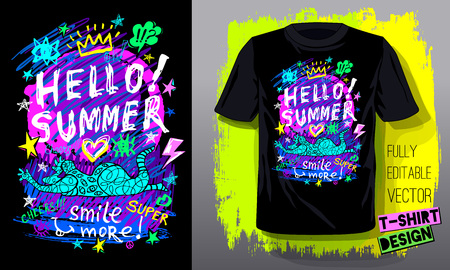 Hello Summer. Trendy t-shirt template, fashion t shirt design, bright, summer, cool slogan lettering. Color pencil, marker, ink, pen doodles sketch style. Hand drawn illustration vector.のイラスト素材