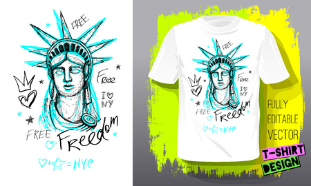 New York, city, american liberty, freedom, monument. Trendy t-shirt template, fashion t shirt design, bright, summer, cool slogan lettering. Color pencil, marker, ink, pen doodles sketch style. Hand drawn illustration vector.のイラスト素材