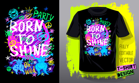 Born to shine. Trendy t-shirt template, fashion t shirt design, bright, summer, cool slogan lettering. Color pencil, marker, ink, pen doodles sketch style. Hand drawn illustration vector.のイラスト素材