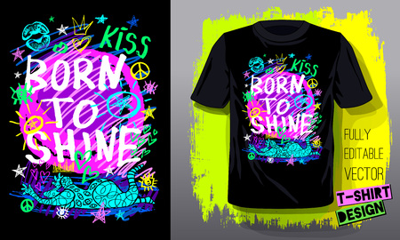 Born to shine. Trendy t-shirt template, fashion t shirt design, bright, summer, cool slogan lettering. Color pencil, marker, ink, pen doodles sketch style. Hand drawn illustration vector.のイラスト素材