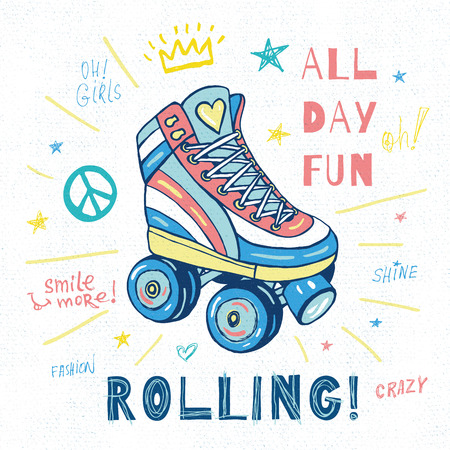 Rollers, girls, ride, skate board sketch style doodles cool lettering slogans for t-shirt design print posters hello summer. Hand drawn vector illustration.のイラスト素材