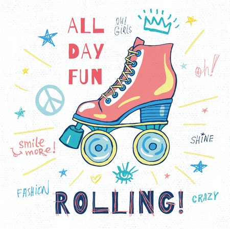 Rollers, girls, ride, skate board sketch style doodles cool lettering slogans for t-shirt design print posters hello summer. Hand drawn vector illustration.のイラスト素材