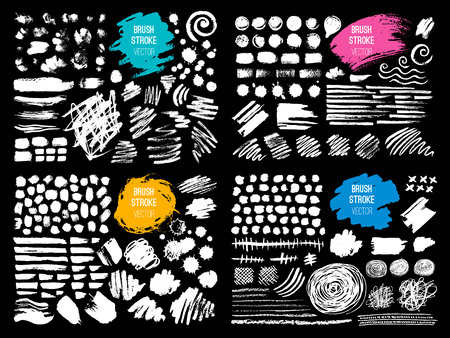 Set stroke spot blod. Brush, pen, marker, chalk. Black white. Vector distressed grunge modern textured brush stroke, doodle, doodles, scribbled, chalkboard. Dry brush. Hand drawn vector.のイラスト素材