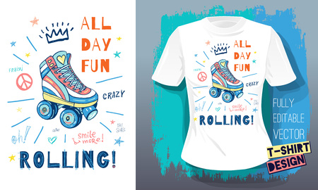 Rollers, girls, ride, skate board sketch style doodles cool lettering slogans for t-shirt design print posters hello summer.のイラスト素材