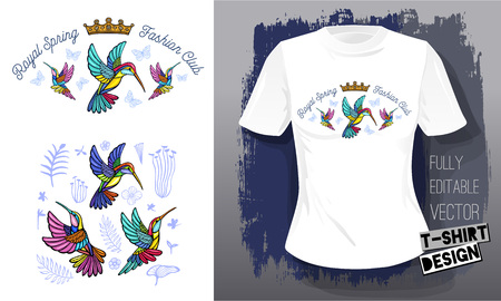 Hummingbirds flowers, leaves, birds, golden embroidery queen crown textile fabrics t shirtのイラスト素材