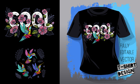 Hummingbirds cool flowers, leaves, birds, floral love embroidery textile fabrics t shirt design lettering wings insect luxury fashion embroidered style Hand drawn vector illustrationのイラスト素材