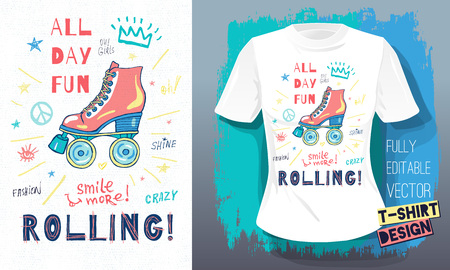 Rollers, girls, ride, skate board sketch style doodles cool lettering slogans for t-shirt design print posters hello summer. Hand drawn vector illustration.のイラスト素材