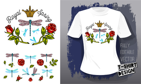 Dragonfly, roses, flowers, leaves golden embroidery queen crown textile fabrics t shirtのイラスト素材