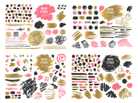 Set stroke spot blod. Brush, pen, marker, chalk. Golden gold. Vector distressed grunge modern textured brush stroke, doodle, doodles, scribbled, chalkboard. Dry brush. Hand drawn vector.のイラスト素材