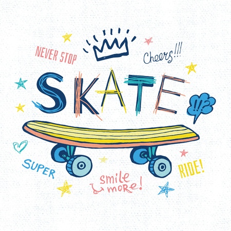 Rollers, girls, ride, skate board sketch style doodles cool lettering slogans for t-shirt design print posters hello summer. Hand drawn vector illustration.のイラスト素材