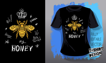 Honey bee golden embroidery queen crown textile fabrics t-shirt design lettering gold wings insect. Hand drawn vector honey bee luxury fashion embroidered style illustrationのイラスト素材