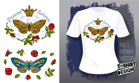 Butterfly moth golden embroidery queen crown textile fabrics t shirt design lettering goldのイラスト素材