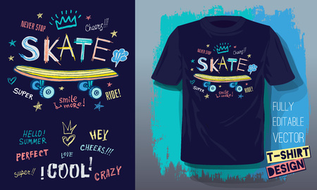 Rollers, girls, ride, skate board sketch style doodles cool lettering slogans for t-shirt design print posters hello summer. Hand drawn vector illustration.のイラスト素材