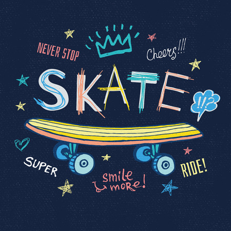 Rollers, girls, ride, skate board sketch style doodles cool lettering slogans for t-shirt design print posters hello summer. Hand drawn vector illustration.のイラスト素材