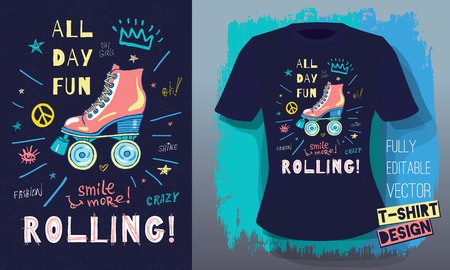 Rollers, girls, ride, skate board sketch style doodles cool lettering slogans for t-shirt design print posters hello summer.の写真素材