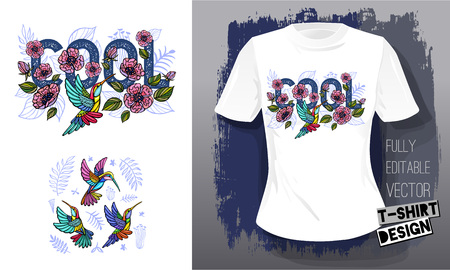 Hummingbirds cool flowers, leaves, birds, floral love embroidery textile fabrics t shirtの写真素材