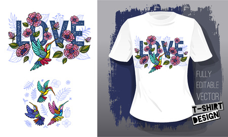 Hummingbirds cool flowers, leaves, birds, floral love embroidery textile fabrics t shirt designの写真素材