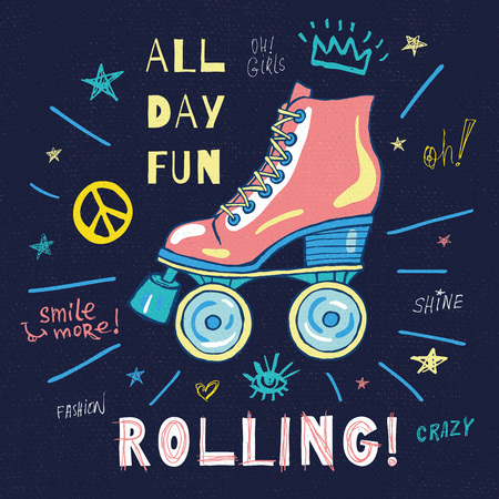 Rollers, girls, ride, skate board sketch style doodles cool lettering slogans for t-shirt design print posters hello summer.の写真素材