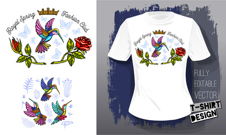 Hummingbirds flowers, leaves, birds, golden embroidery queen crown textile fabrics t shirtの写真素材