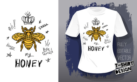 Honey bee golden embroidery queen crown textile fabrics t-shirt design lettering gold wings insect.の写真素材