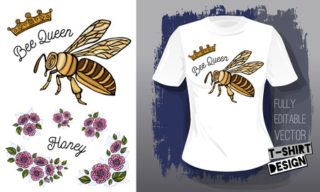 Honey bee golden embroidery queen crown textile fabrics t-shirt design lettering gold wings insect.の写真素材