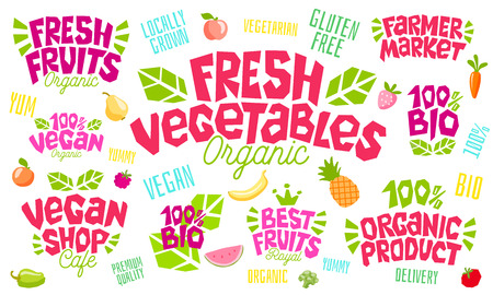 Colorful lettering sign healthy food emblem organic market  design lettering farmer fresh fruits vegan food green conceptのイラスト素材