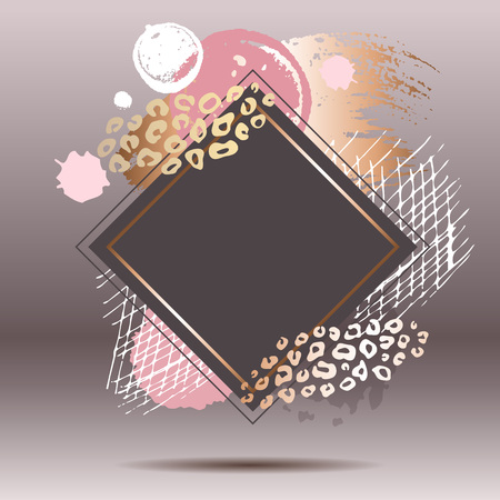Golden leopard skin pink art frames. Modern card design, brush stroke, gold, premium invitation template. Pastel rose colors brush strokes, pink gold contour square frame. Abstract background.の写真素材