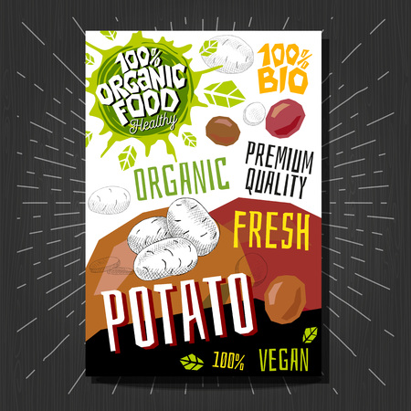 Food labels stickers set colorful sketch style fruits, spices vegetables package design. Potato. Vegetable label. Organic, fresh, bio, eco. Hand drawn vector illustration.の写真素材
